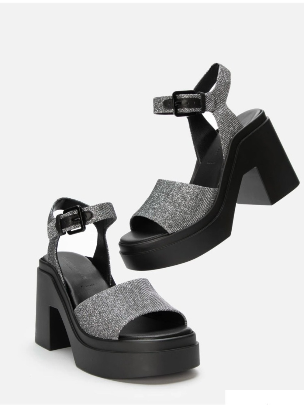 Robert Clergerie Silver Glitter Platform Sandals with Black Chunky Heel